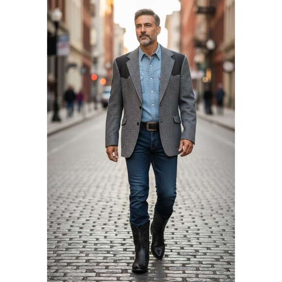 Pendleton Western Blazer Mens 44 Gray Black Tweed Wool Suede Cowboy Sport Coat - Picture 11 of 12